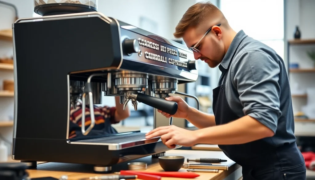 Repair technician performing Cimbali tamiri on an espresso machine with professional tools in a bright workspace.
