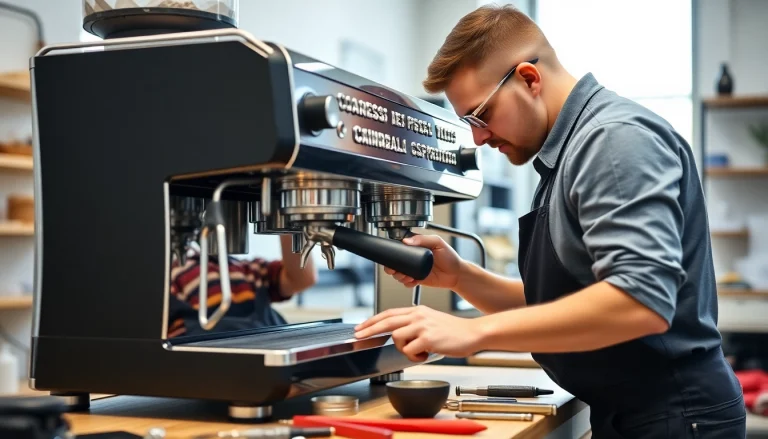 Repair technician performing Cimbali tamiri on an espresso machine with professional tools in a bright workspace.