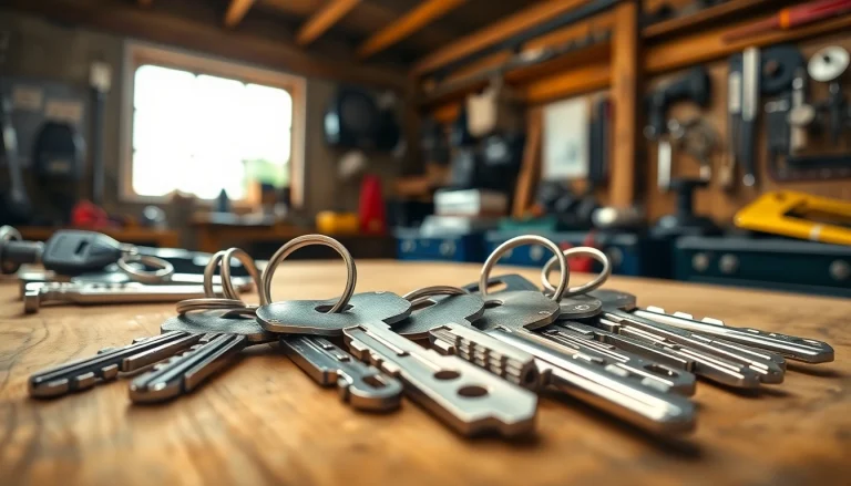 Examine carefully crafted truck keys on a mechanic's workbench showcasing various designs.