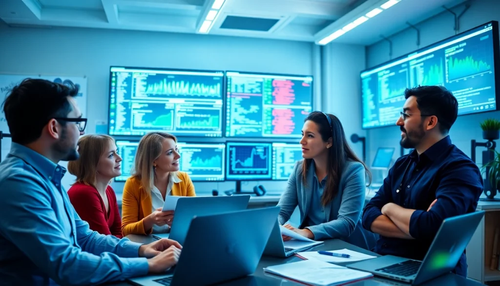 Site reliability engineering experts collaborating in a modern tech office with multiple monitors.