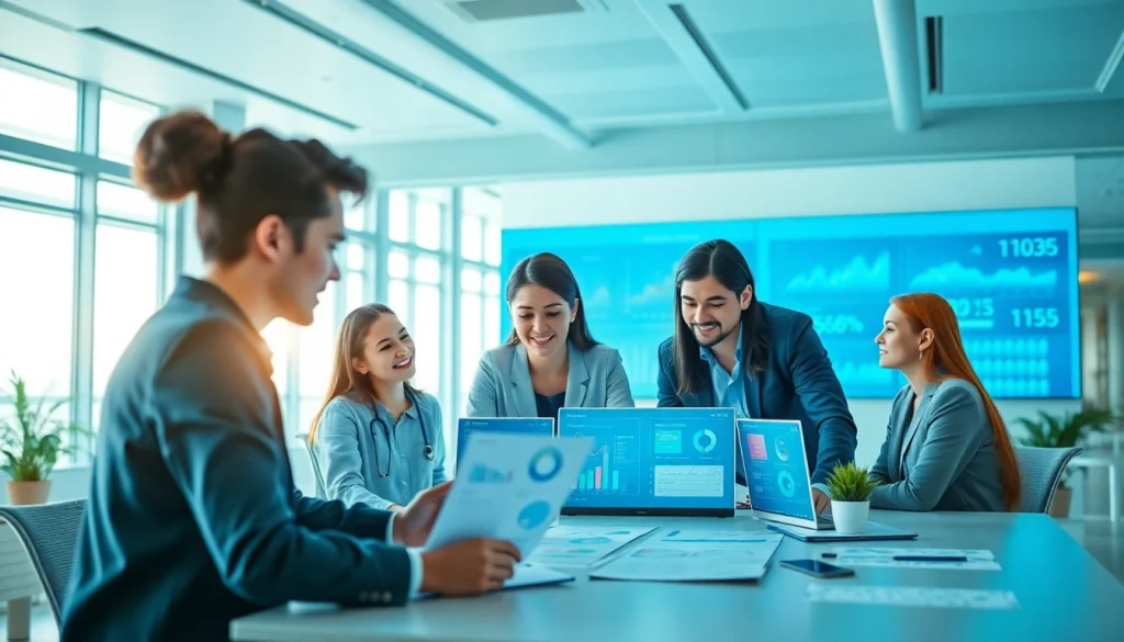 Showcase of website design and seo companies collaborating in a modern office environment.