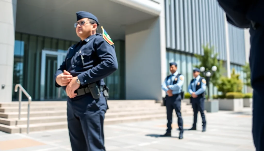 Experienced security officers for hire ready to provide protection at a corporate location.