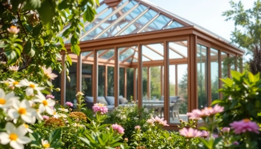 Showcasing a beautiful glass greenhouse sunroom with vibrant plants and flowers in a serene garden.