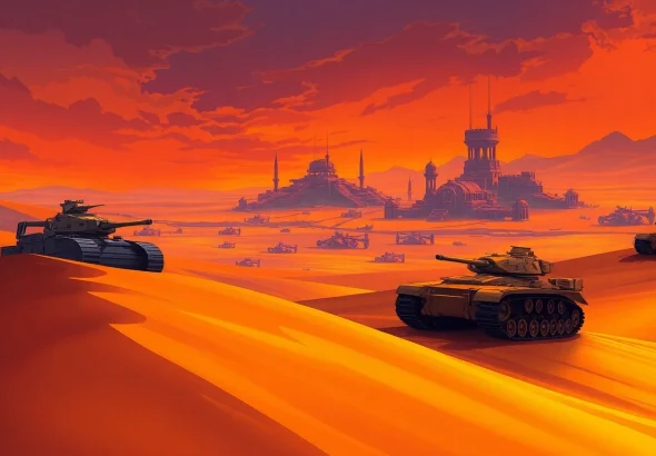 Engage in the Dune 2 game with iconic units battling in a vibrant desert battlefield.