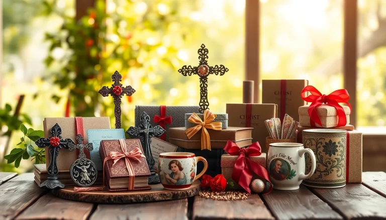 Explore beautiful Christian gifts arranged artistically on a rustic table.