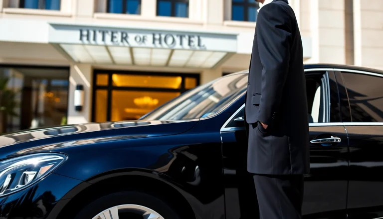 Experience a VIP chauffeur service with a luxury sedan and a professional chauffeur at a high-end location.