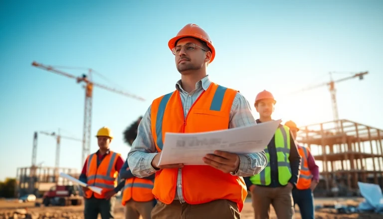 Showcase of a New Jersey Construction Manager supervising a diverse team at a bustling construction site.