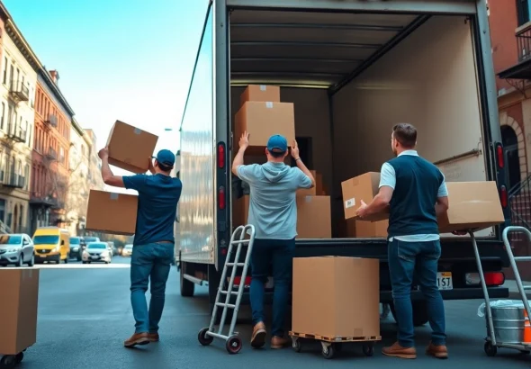 Brooklyn movers efficiently loading a moving truck in a busy urban environment.