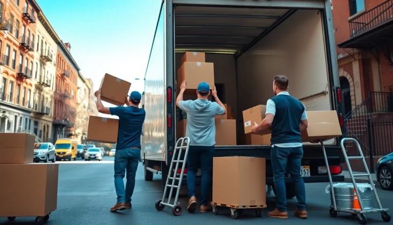 Brooklyn movers efficiently loading a moving truck in a busy urban environment.