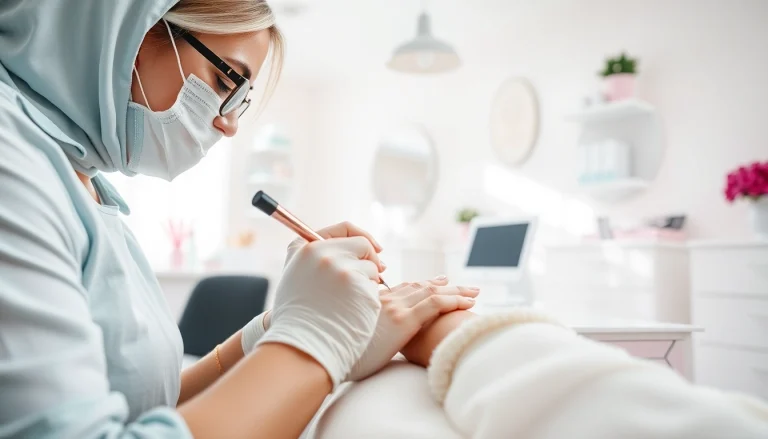 The Nail Technician Course showcases a talented technician working on a client's nails with a customized kit.