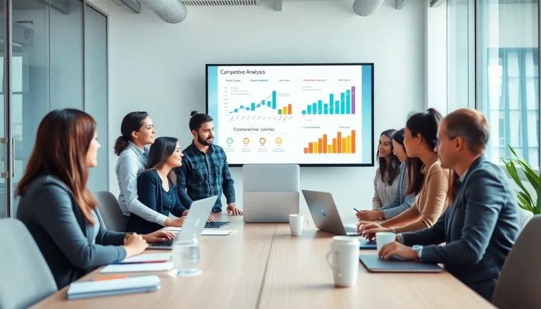 Enhance competitive intelligence for sales with a professional sales team collaborating in a modern office.