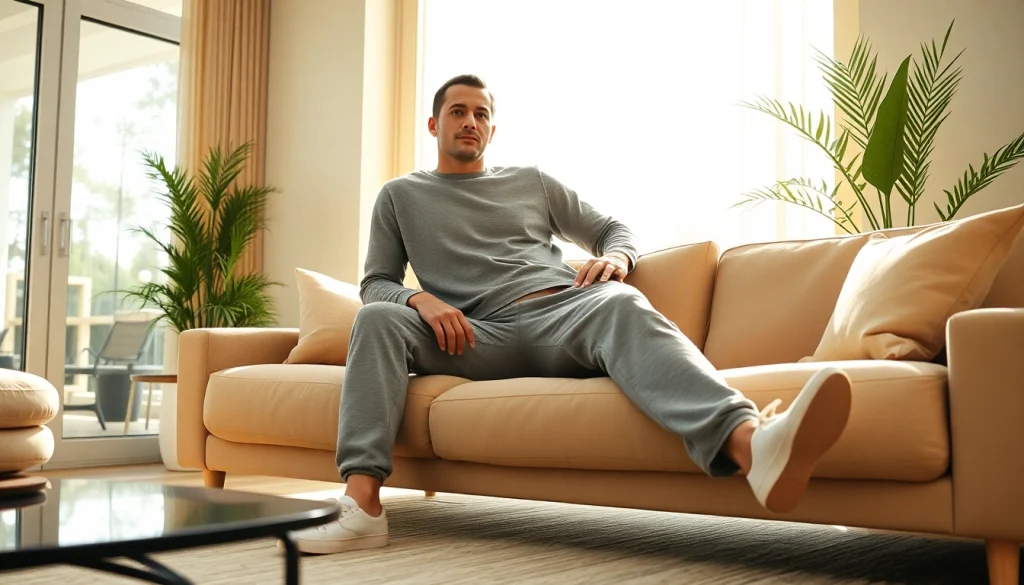 Model demonstrates stylish french terry sweatpants in a cozy living room setting.