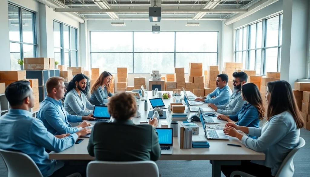 Showcasing a collaborative Amazon FBA wholesale team in a bright office, emphasizing partnership and productivity.