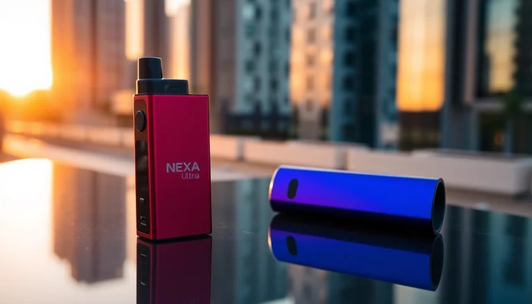 Showcasing the NEXA Ultra 50000 Puffs disposable vape with sleek design in an urban sunset setting.