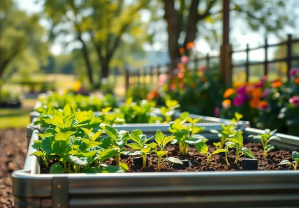 Enhance your gardening with landguard raised beds showcasing vibrant vegetables and flowers.