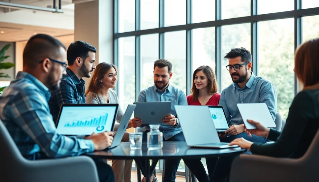 SEO Agency professionals brainstorming strategies in a vibrant office space.