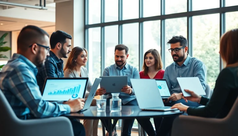 SEO Agency professionals brainstorming strategies in a vibrant office space.