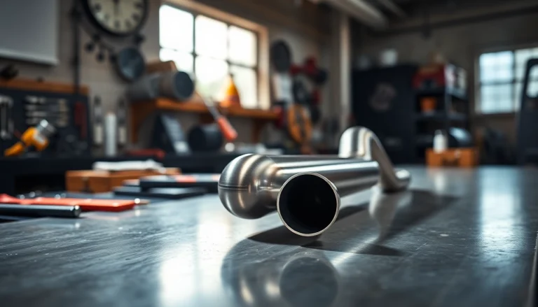 Highlighting the f80 single midpipe, this polished exhaust piece showcases exceptional craftsmanship in an automotive workshop.