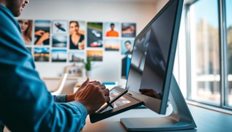 Experience photo cutout services with a skilled designer in a modern studio setting.