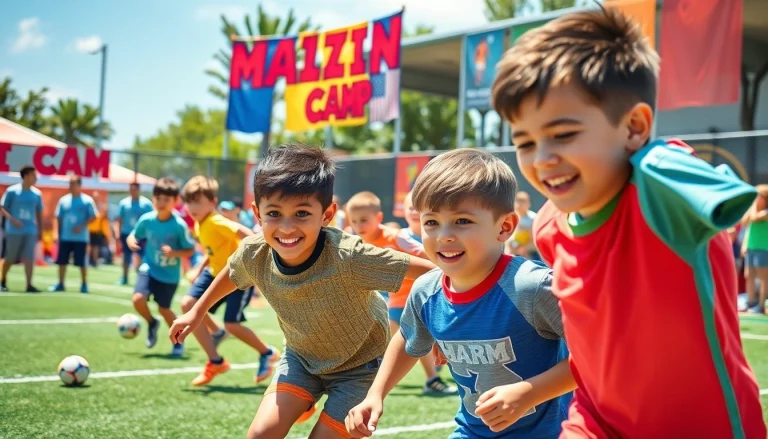 Participants enjoying Multi Sports Camps for Boys with various athletic activities under bright sunlight.