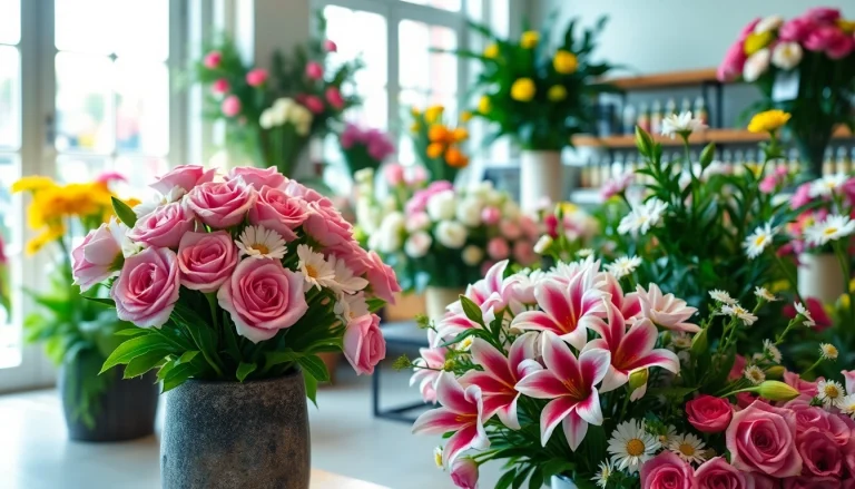 Beautiful bouquet of roses and lilies signifying Flower Delivery Hurstbridge in a cheerful florist shop.