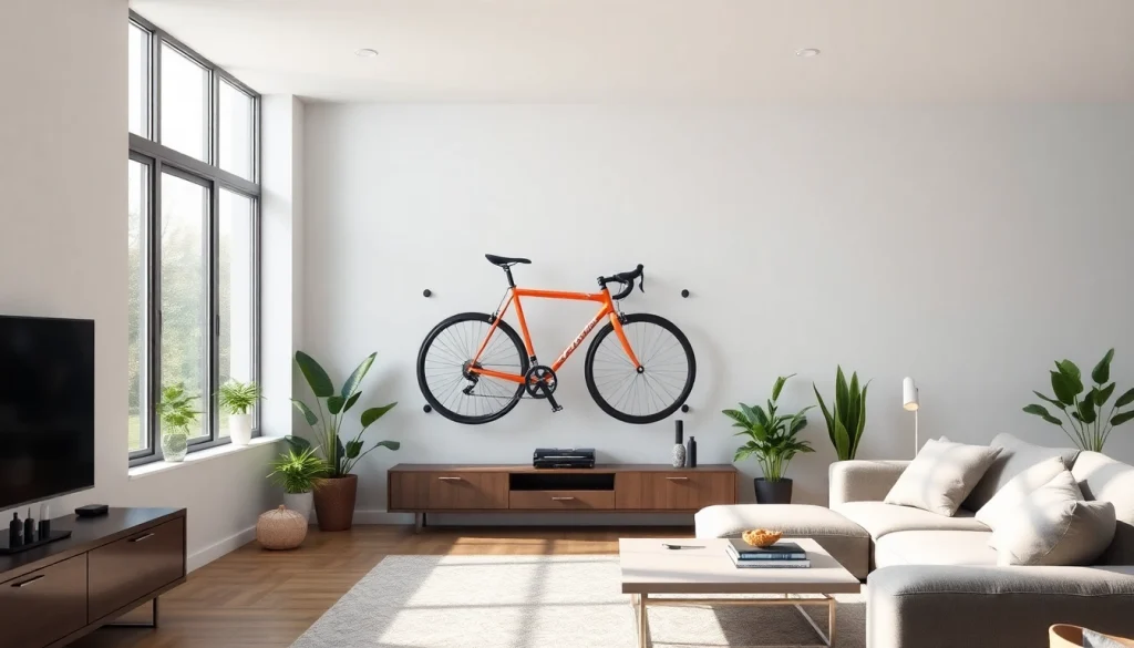 Showcasing indoor bike storage with a stylish rack in a modern living room.