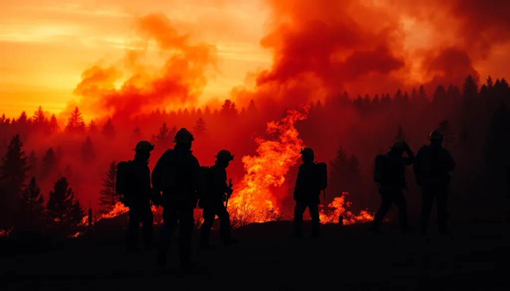 Firefighters engaged in wildfire events, silhouetted against a dramatic sunset backdrop.