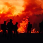 Firefighters engaged in wildfire events, silhouetted against a dramatic sunset backdrop.