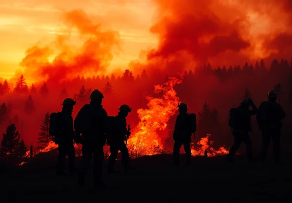 Firefighters engaged in wildfire events, silhouetted against a dramatic sunset backdrop.