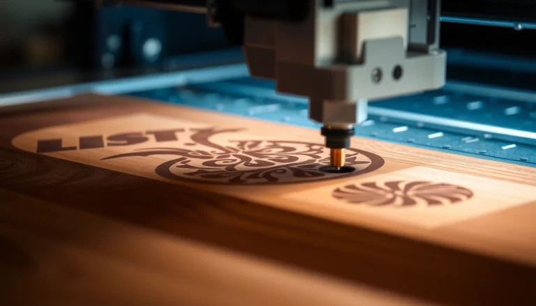 Laser engraving machine precisely marking intricate designs on wood and metal surfaces.