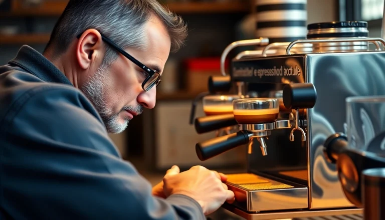 Cimbali tamiri yapılan bir espresso makinesi, uzman teknisyen tarafından inceleniyor.