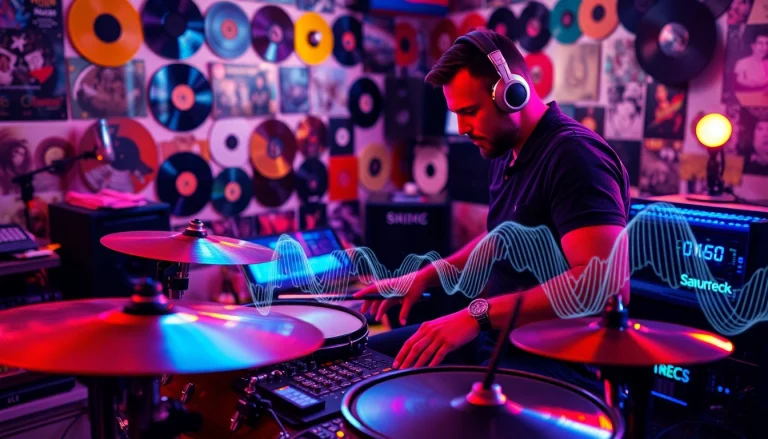 Download Free Drum and Bass Sample while a drummer plays passionately in a vibrant studio.