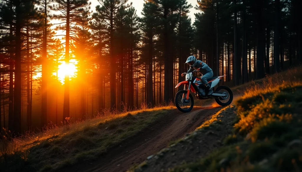 Action-packed motocross trail scene with a rider jumping in a forested setting.