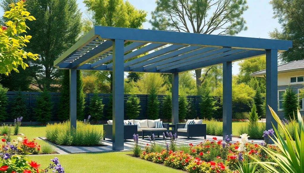 Modern steel pergola providing shade over outdoor seating in a lush backyard.