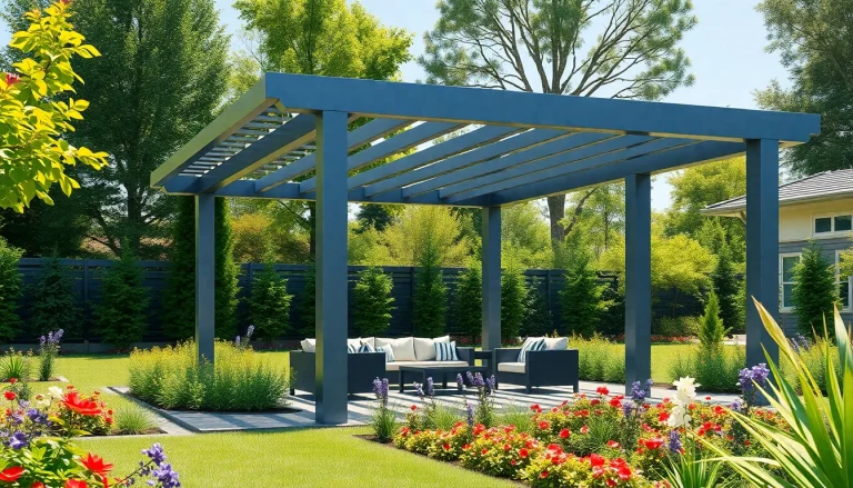 Modern steel pergola providing shade over outdoor seating in a lush backyard.