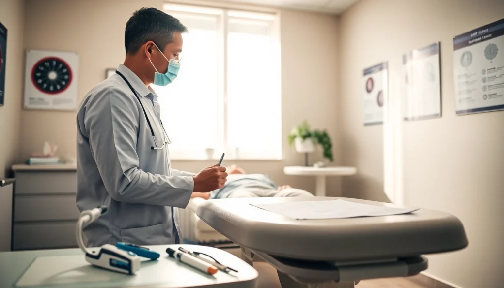 Practitioner explaining genital warts removal treatment options to a patient in a clinical setting.