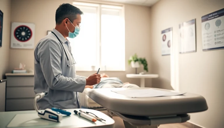 Practitioner explaining genital warts removal treatment options to a patient in a clinical setting.