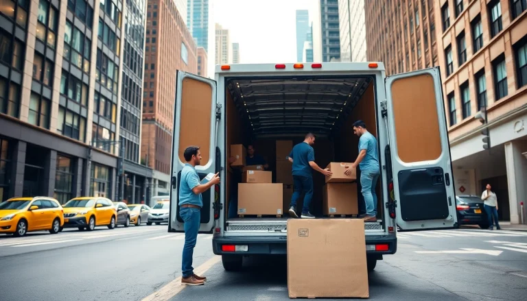 Cheap movers nyc team efficiently loading a moving van in New York City street.