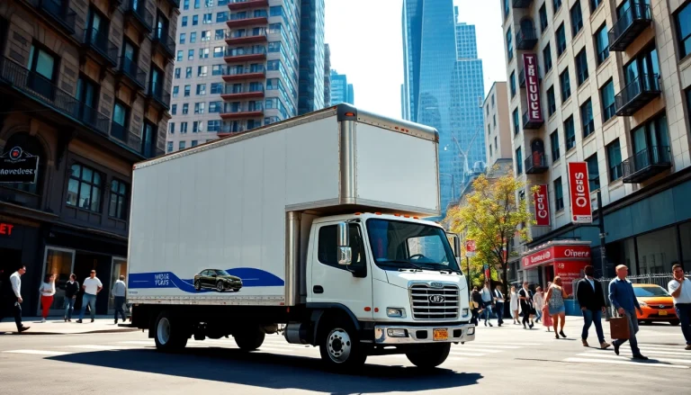 Efficient movers nyc unloading a truck in a vibrant New York City street setting.