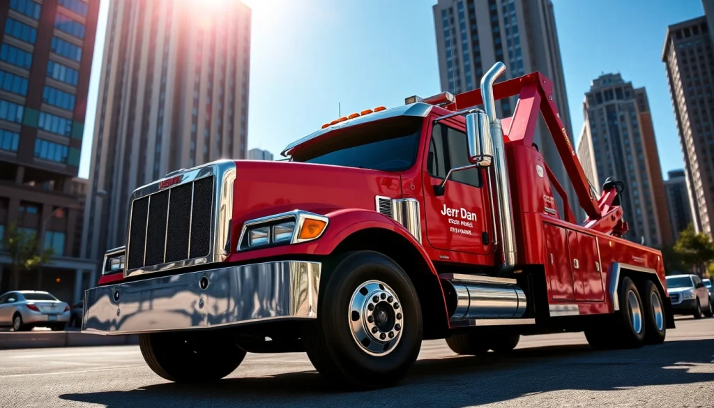 Efficient Jerr Dan tow truck operating in an urban environment, demonstrating its robust design and functionality.