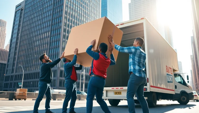 Choose reliable cheap movers nyc handling a large moving box in a bustling urban setting.