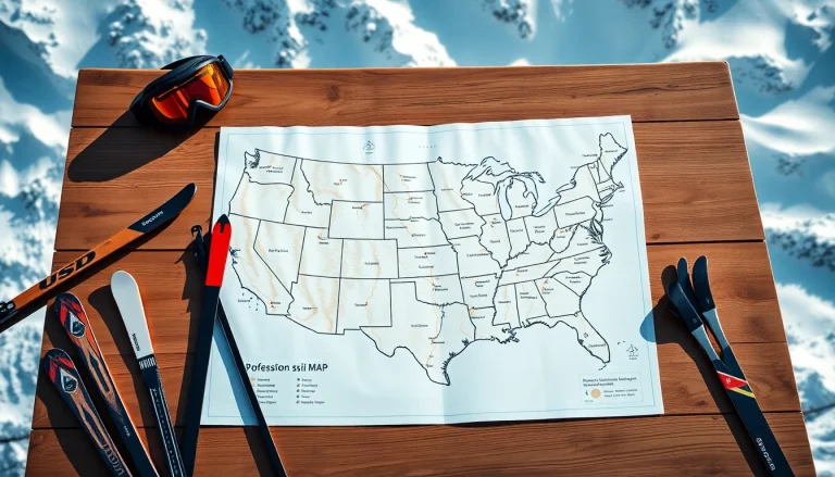 Explore a detailed ski map of USA surrounded by skiing gear and snowy mountains.