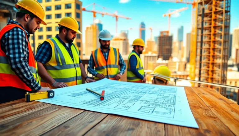 Efficient Manhattan General Contractor overseeing construction with blueprints and tools at a sunny site.