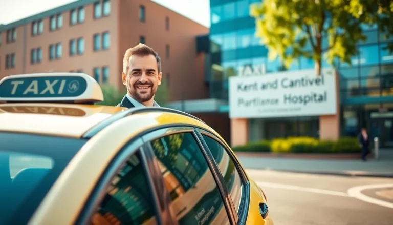 Book a reliable taxi to Kent and Canterbury Hospital with a driver smiling and a modern vehicle ready for service.
