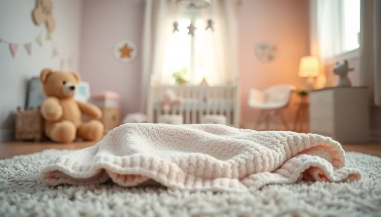 Snuggling with a soft baby blanket in a cozy nursery setting, surrounded by plush toys.