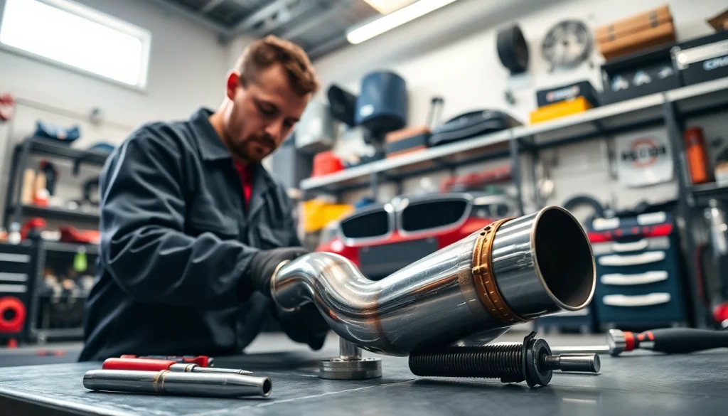 Installing the f80 single midpipe in a BMW F80 M3 with professional tools and bright lighting.