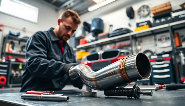 Installing the f80 single midpipe in a BMW F80 M3 with professional tools and bright lighting.