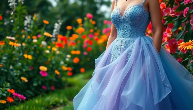 Bridal model wearing a stunning Coloured Wedding Dress in a vibrant garden setting.
